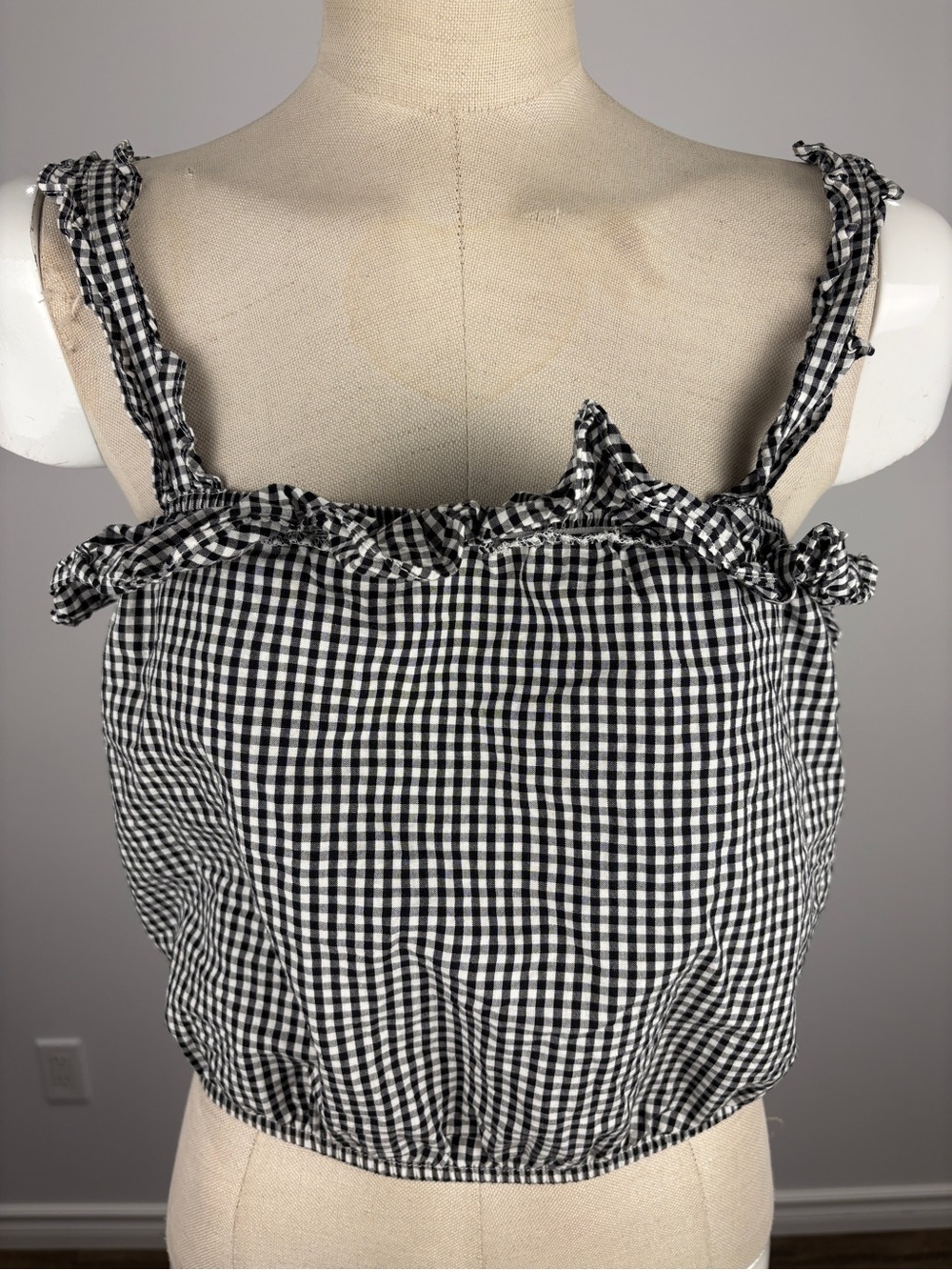 American Eagle Gingham Smocked Crop Top Black White Small